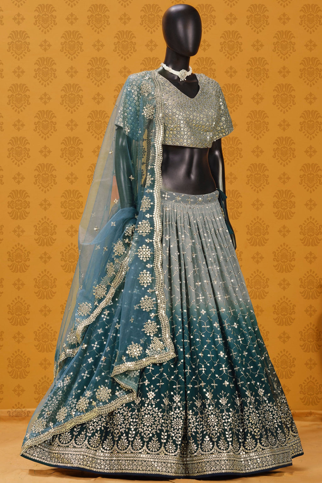 Dove Blue Georgette Dual Tone Lehenga Choli For Indian & Pakistani Wedding Festival - Sequins Embroidery Work, Zari Work