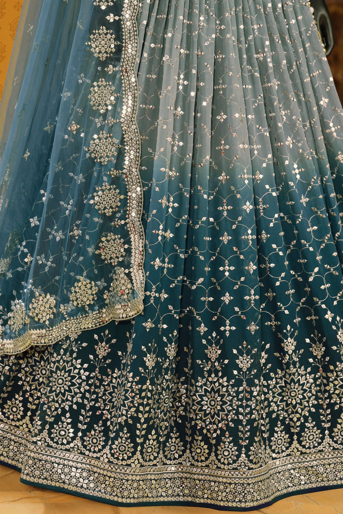 Dove Blue Georgette Dual Tone Lehenga Choli For Indian & Pakistani Wedding Festival - Sequins Embroidery Work, Zari Work