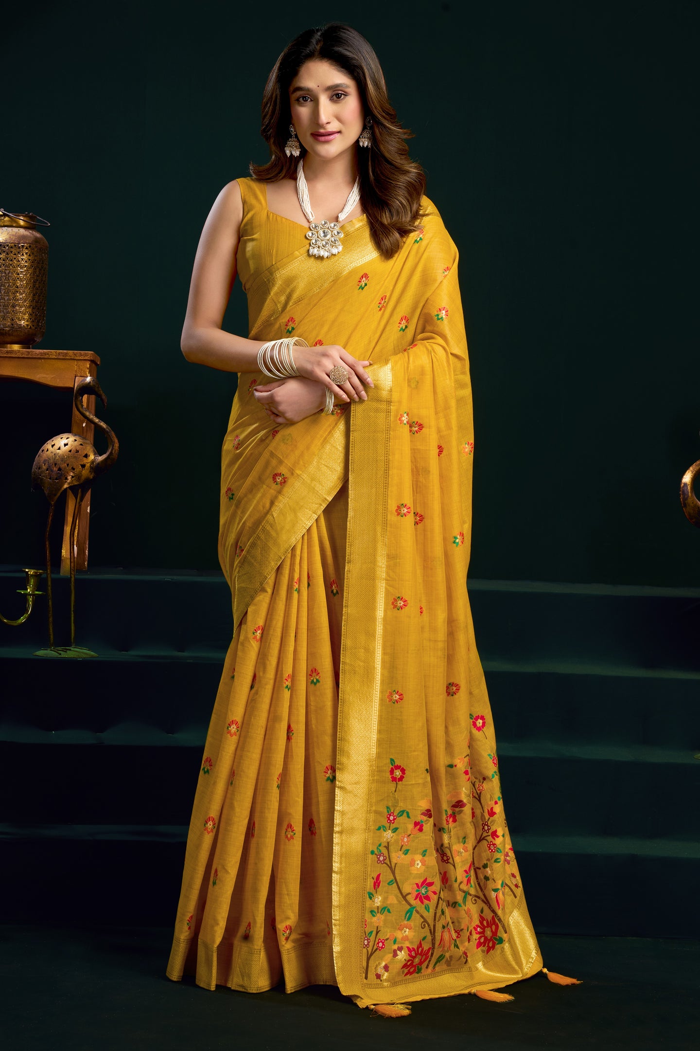 Yellow Silk Cotton Meenakari Saree with Stitched Blouse & Underskirt