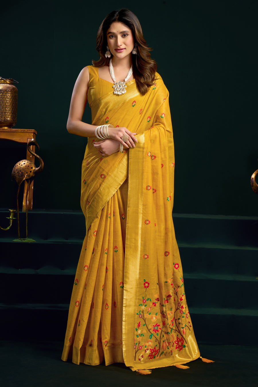 Yellow Silk Cotton Meenakari Saree with Stitched Blouse & Underskirt