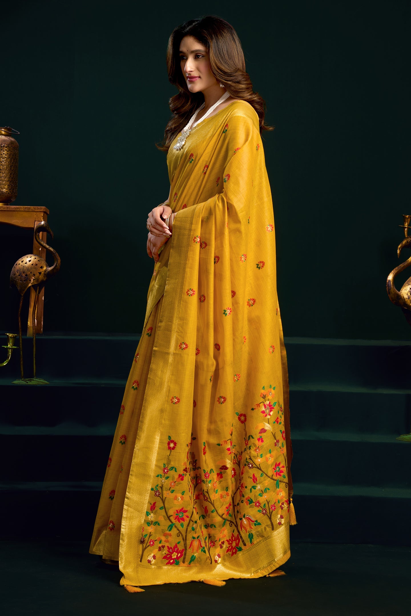 Yellow Silk Cotton Meenakari Saree with Stitched Blouse & Underskirt