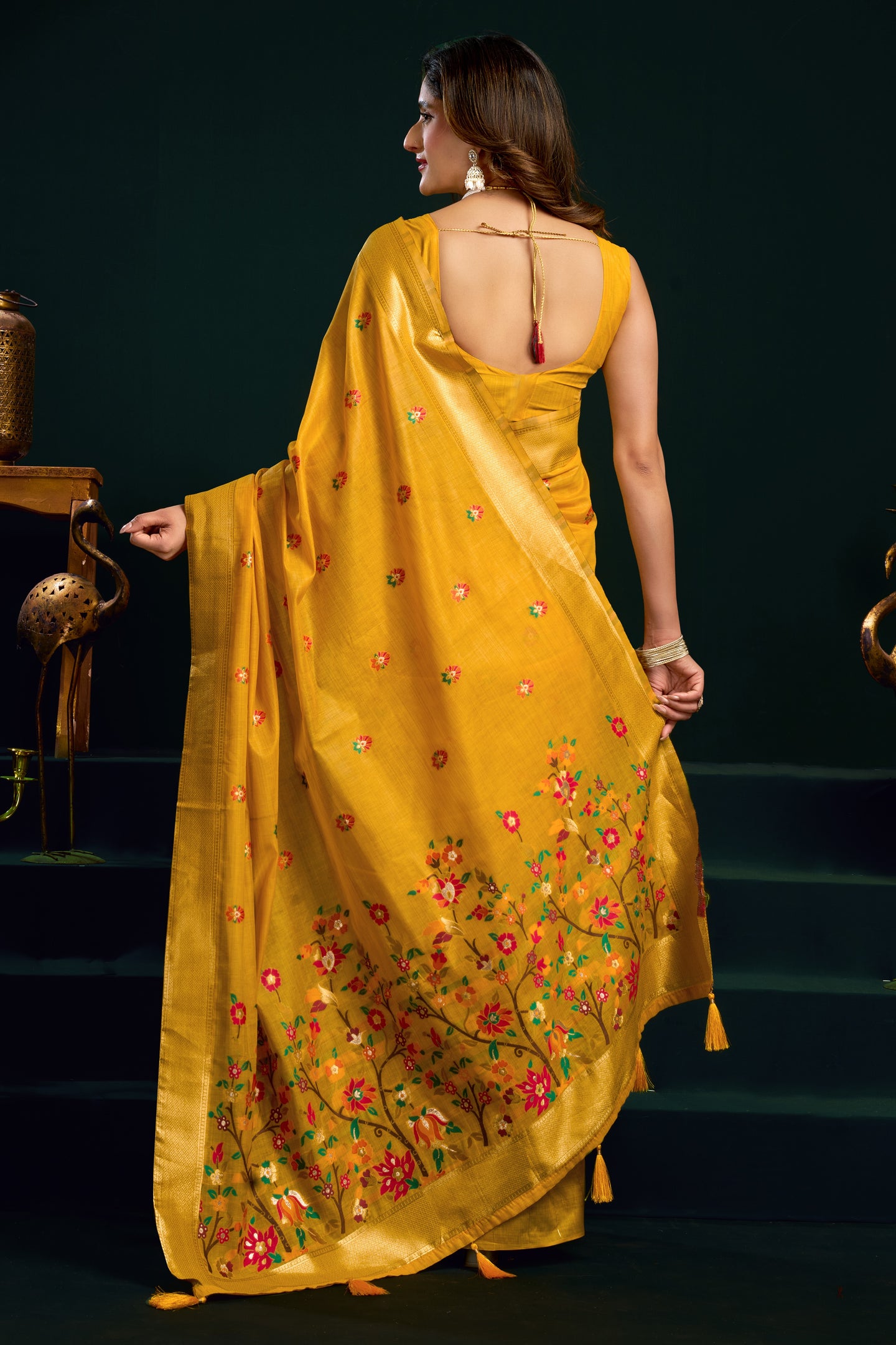 Yellow Silk Cotton Meenakari Saree with Stitched Blouse & Underskirt