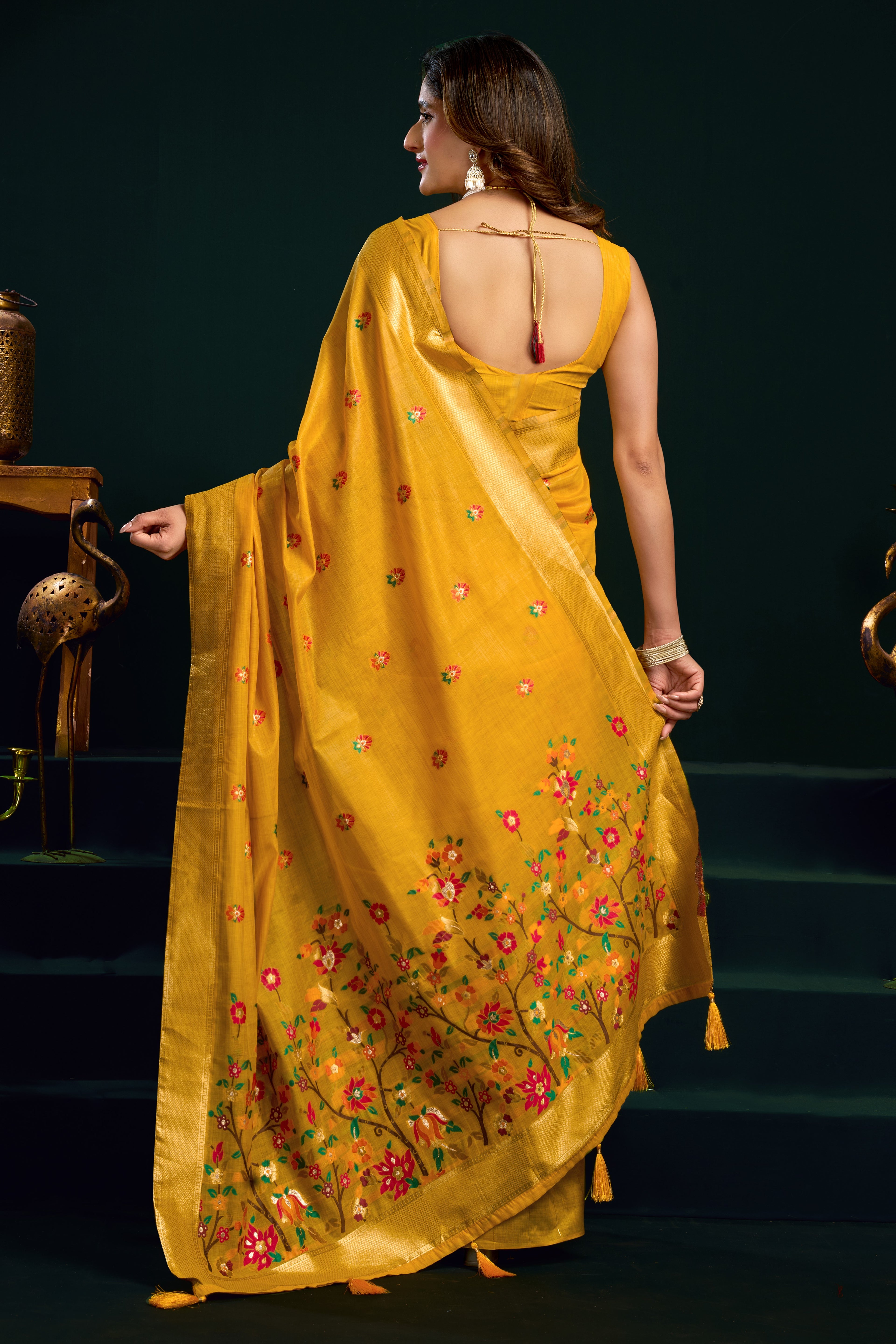 Yellow Silk Cotton Meenakari Saree with Stitched Blouse & Underskirt