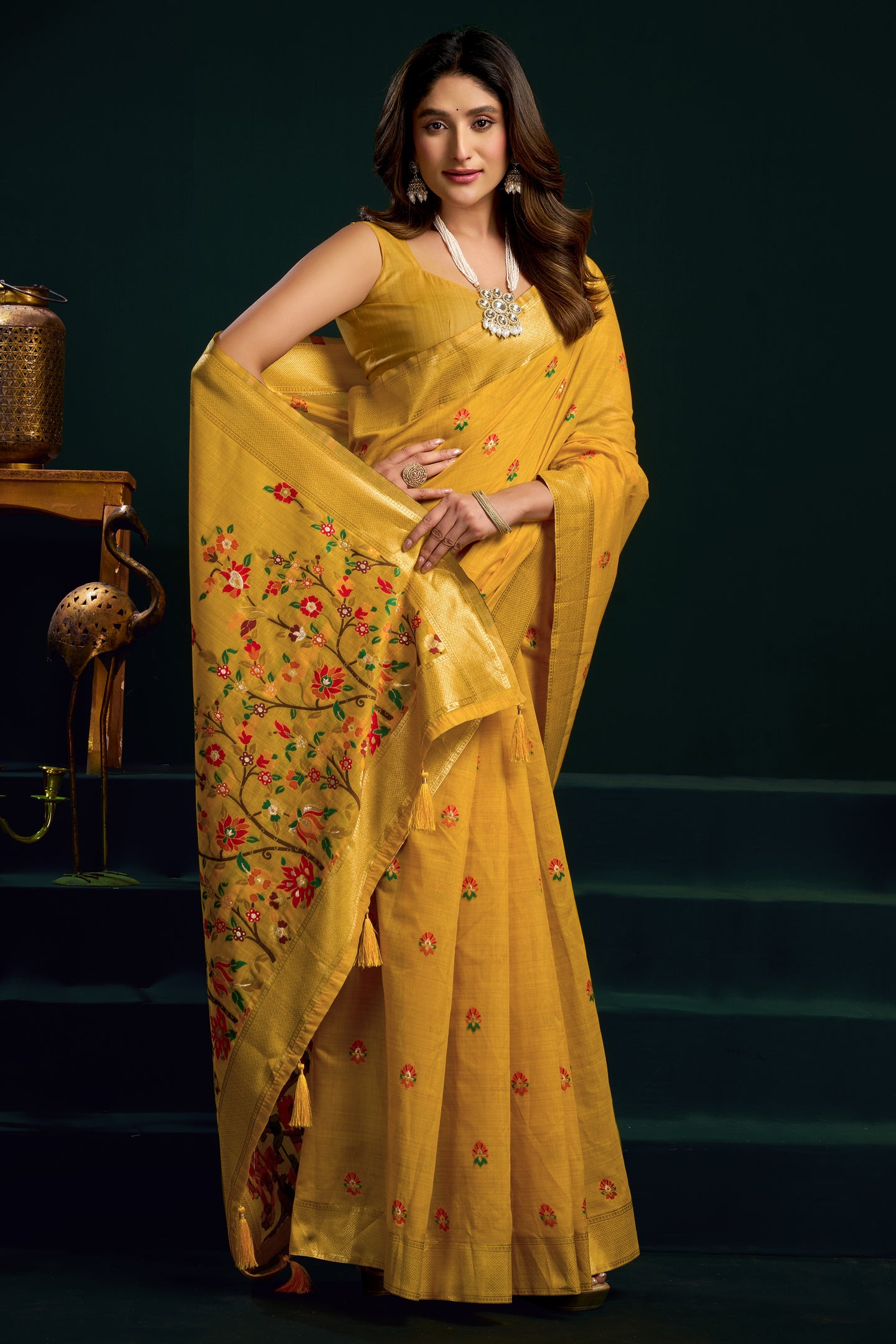 Yellow Silk Cotton Meenakari Saree with Stitched Blouse & Underskirt