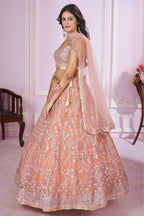 Peach Net Lehenga Choli For Indian & Pakistani Wedding Festival - Sequins & Thread Embroidery Work, Zari Work