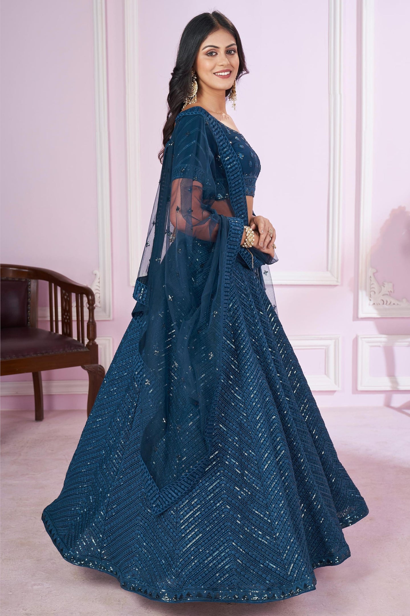 Teal Georgette Lehenga Choli For Indian & Pakistani Wedding Festival - Sequins & Thread Embroidery Work