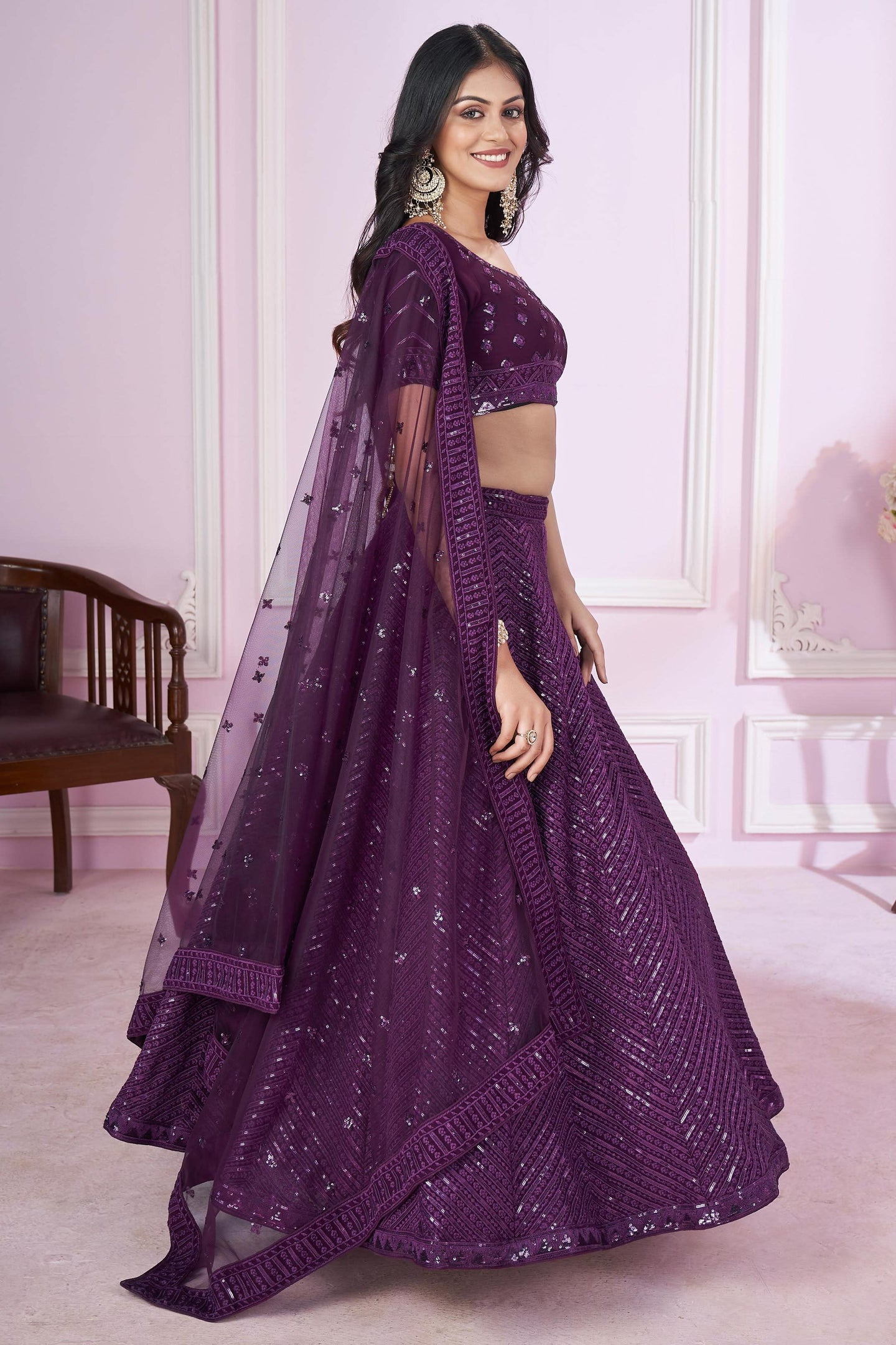 Purple Georgette Lehenga Choli For Indian & Pakistani Wedding Festival - Sequins & Thread Embroidery Work