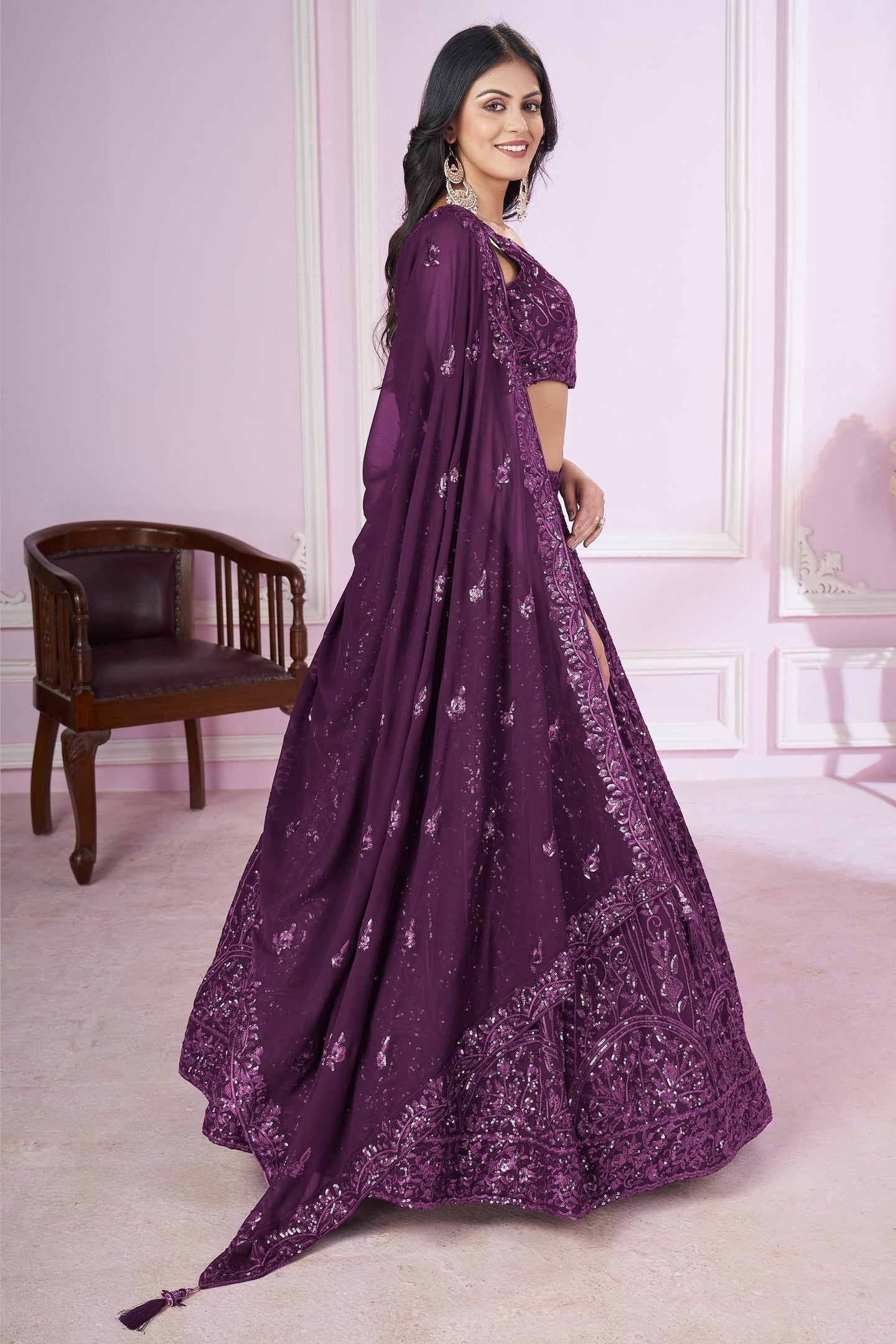 Purple Georgette Lehenga Choli For Indian & Pakistani Wedding Festival - Sequins & Thread Embroidery Work