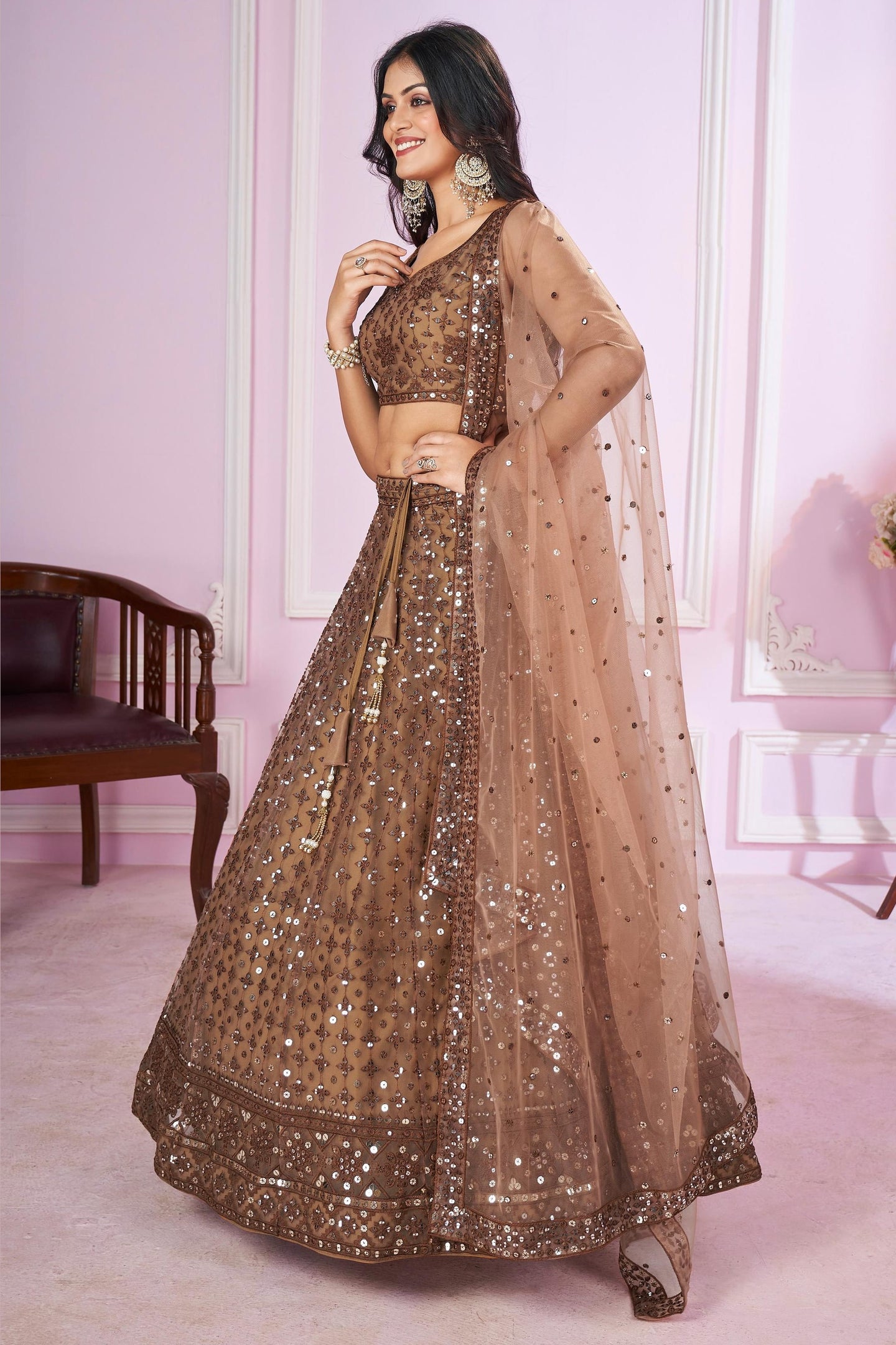 Brown Net Lehenga Choli For Indian & Pakistani Wedding Festival - Sequins & Thread Embroidery Work