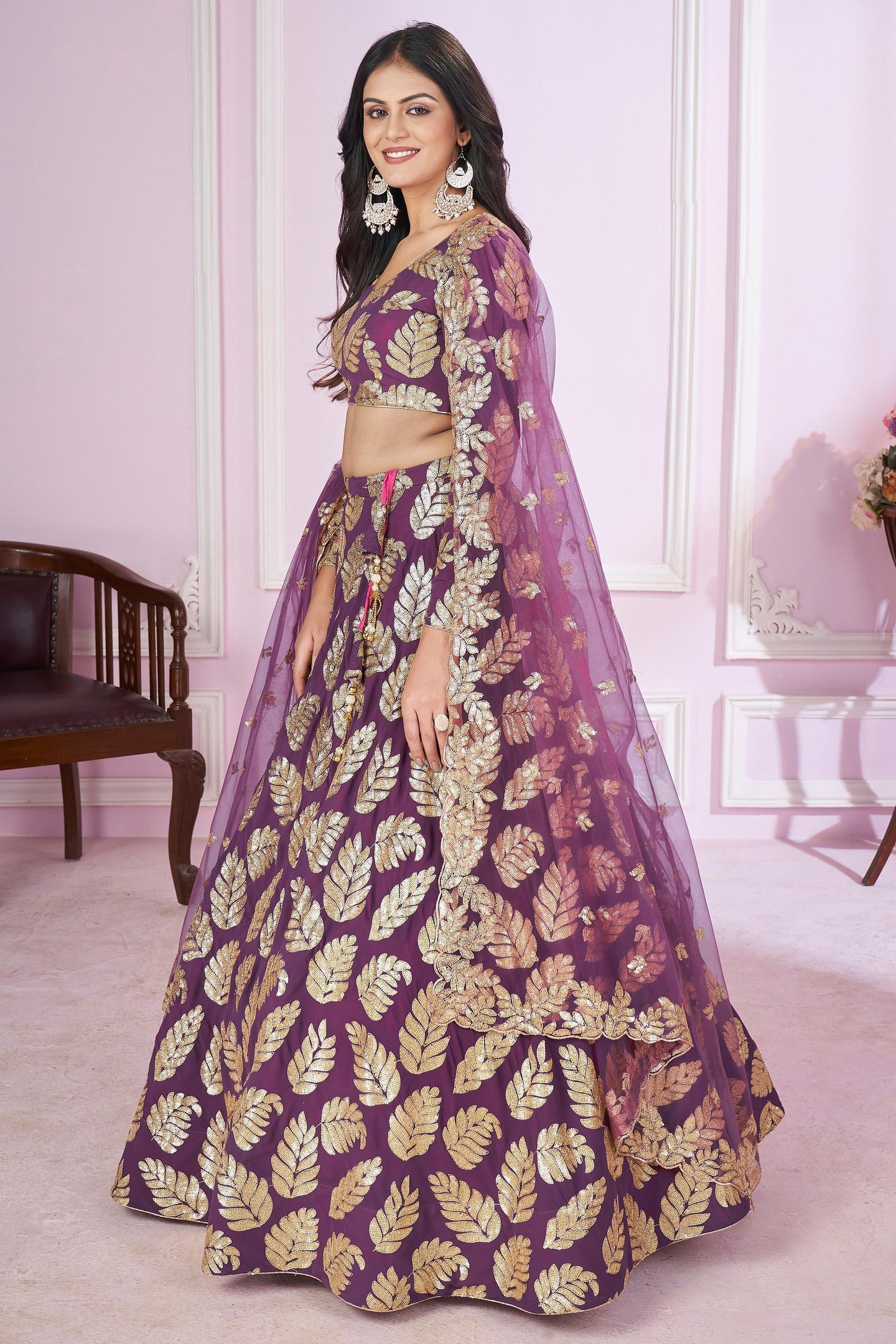 Purple Georgette Lehenga Choli For Indian & Pakistani Wedding Festival - Sequins & Thread Embroidery Work, Zari Work