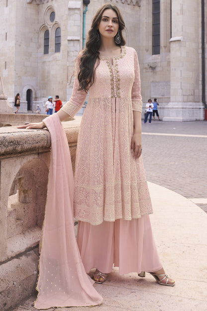 Baby Pink Georgette Palazzo Suit Dress For Indian Festivals & Pakistani Weddings - Embroidery Work