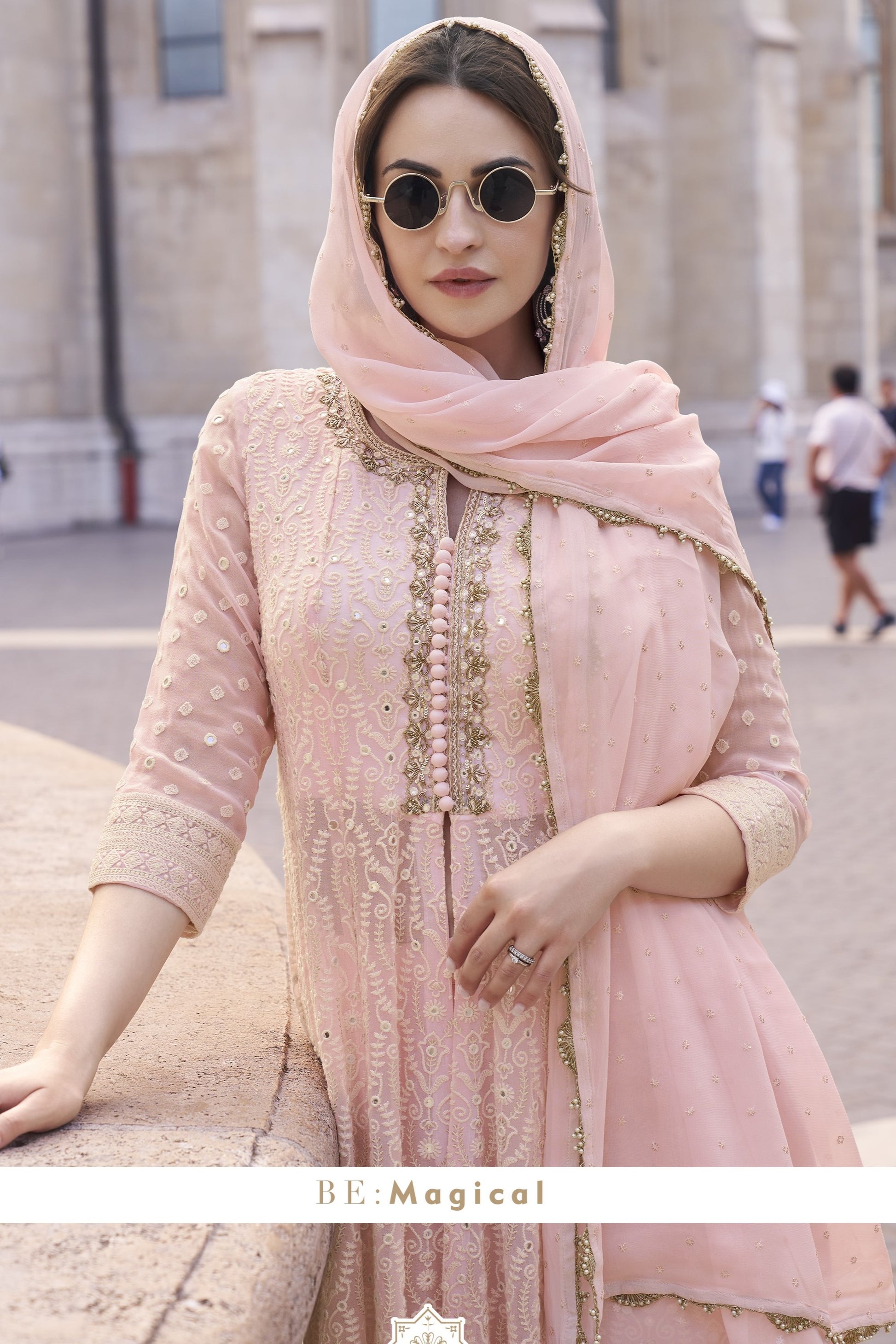 Baby Pink Georgette Palazzo Suit Dress For Indian Festivals & Pakistani Weddings - Embroidery Work