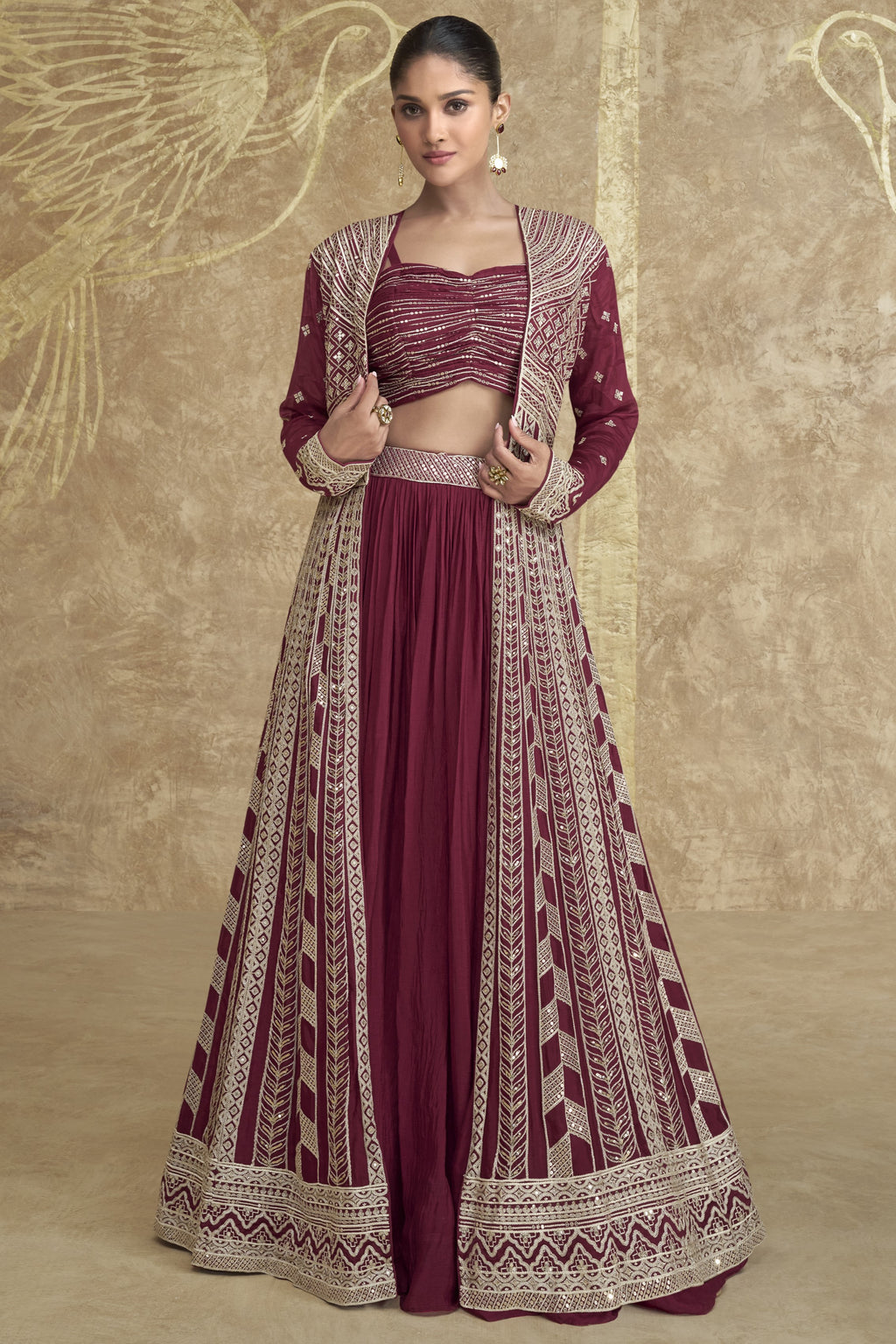 Maroon Chinon Silk Lehenga Choli with Koti For Indian Festivals & Pakistani Weddings Dress - Embroidery Work