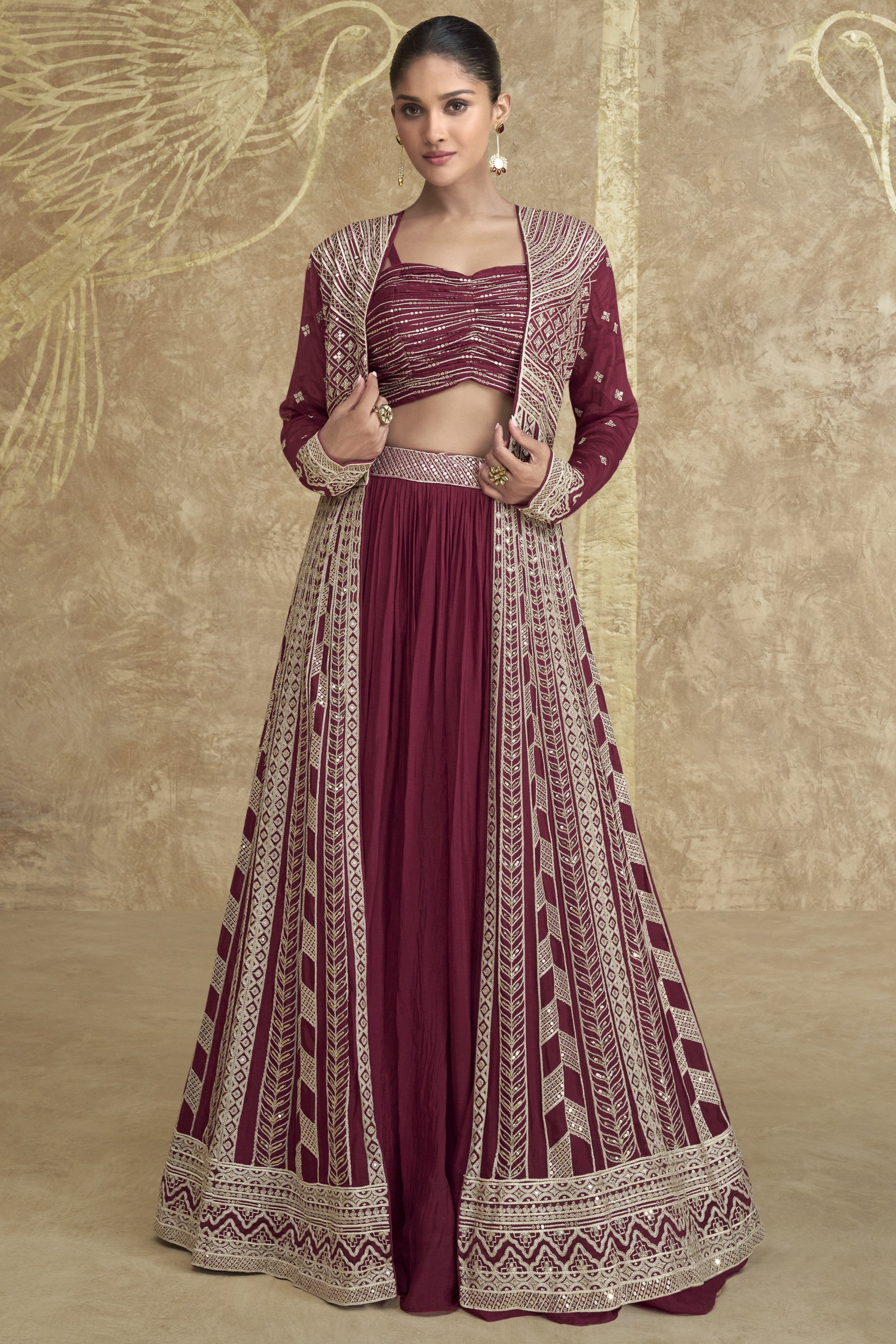 Maroon Chinon Silk Lehenga Choli with Koti For Indian Festivals & Pakistani Weddings Dress - Embroidery Work