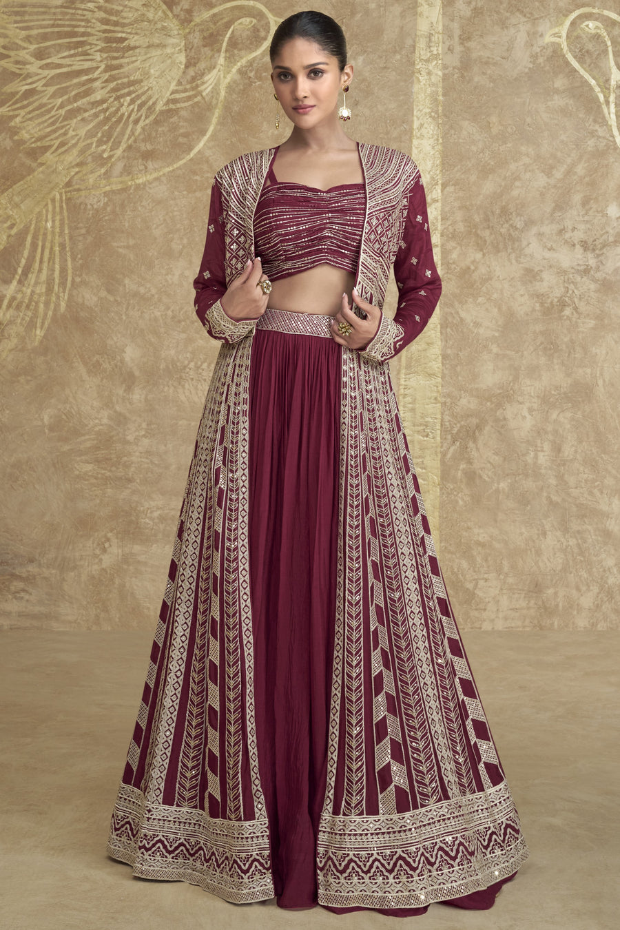 Maroon Chinon Silk Lehenga Choli with Koti For Indian Festivals & Pakistani Weddings Dress - Embroidery Work