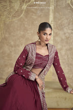 Maroon Chinon Silk Lehenga Choli with Koti For Indian Festivals & Pakistani Weddings Dress - Embroidery Work