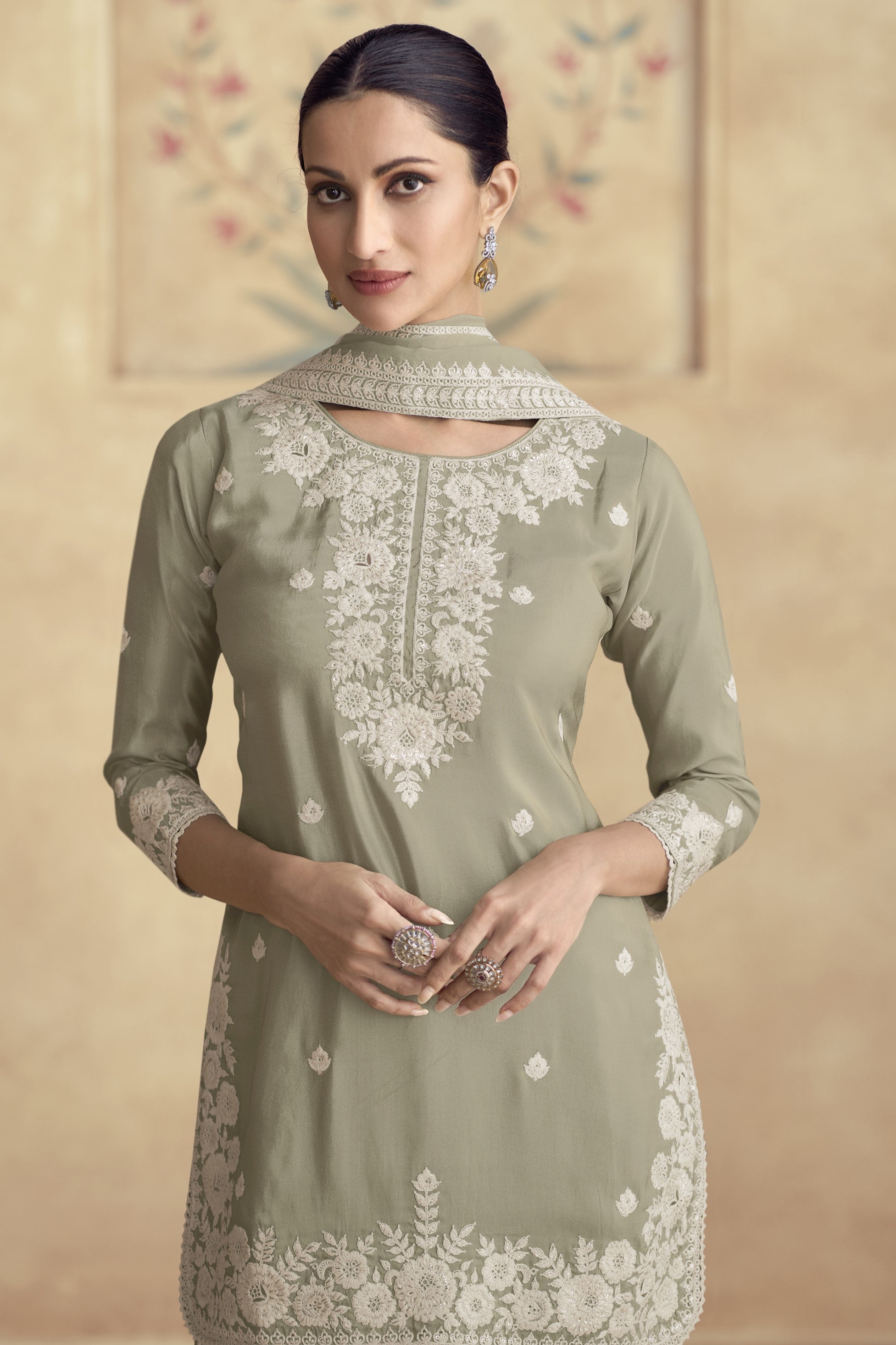 Grey Simar Silk Sharara Suit Dress For Indian Festivals & Pakistani Weddings - Thread Embroidery Work