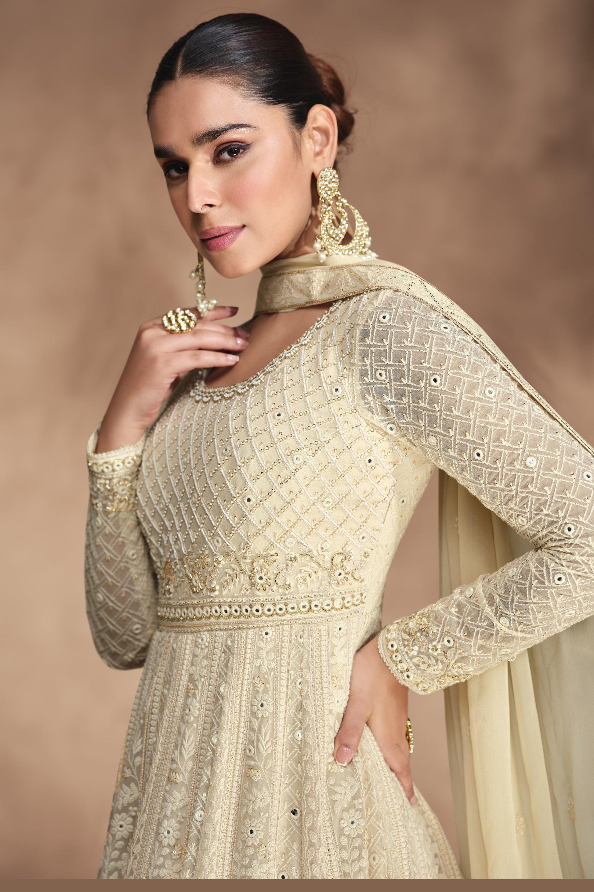 Cream Georgette Floor Full Length Anarkali Suit For Pakistani Festivals & Weddings - Chikankari Embroidery Work