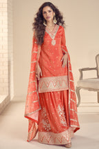 Pink Simar Silk Plazo Suit For Indian Festivals & Weddings - Embroidery Work, Print Work