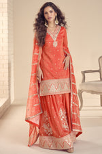 Orange Simar Silk Plazo Suit For Indian Festivals & Weddings - Embroidery Work, Print Work