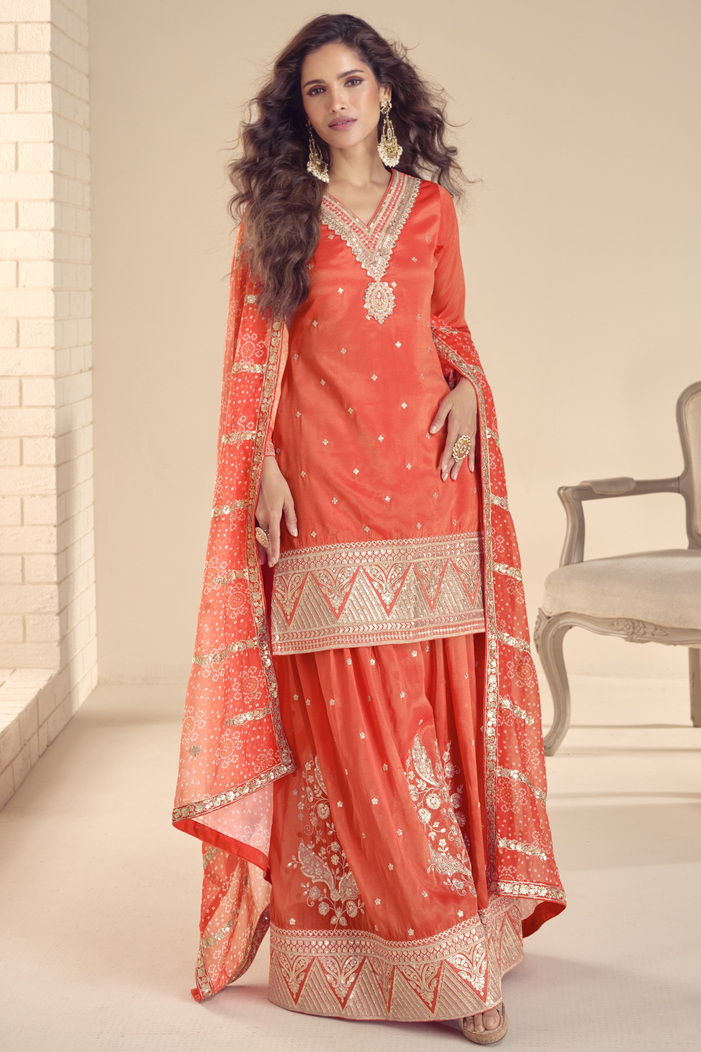 Pink Simar Silk Plazo Suit For Indian Festivals & Weddings - Embroidery Work, Print Work