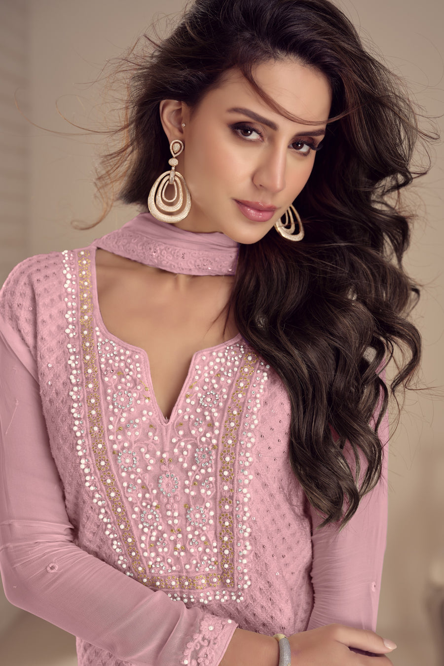 Baby Pink Georgette Kameez With Pant For Ladies Indian Festivals & Weddings -Embroidery Work