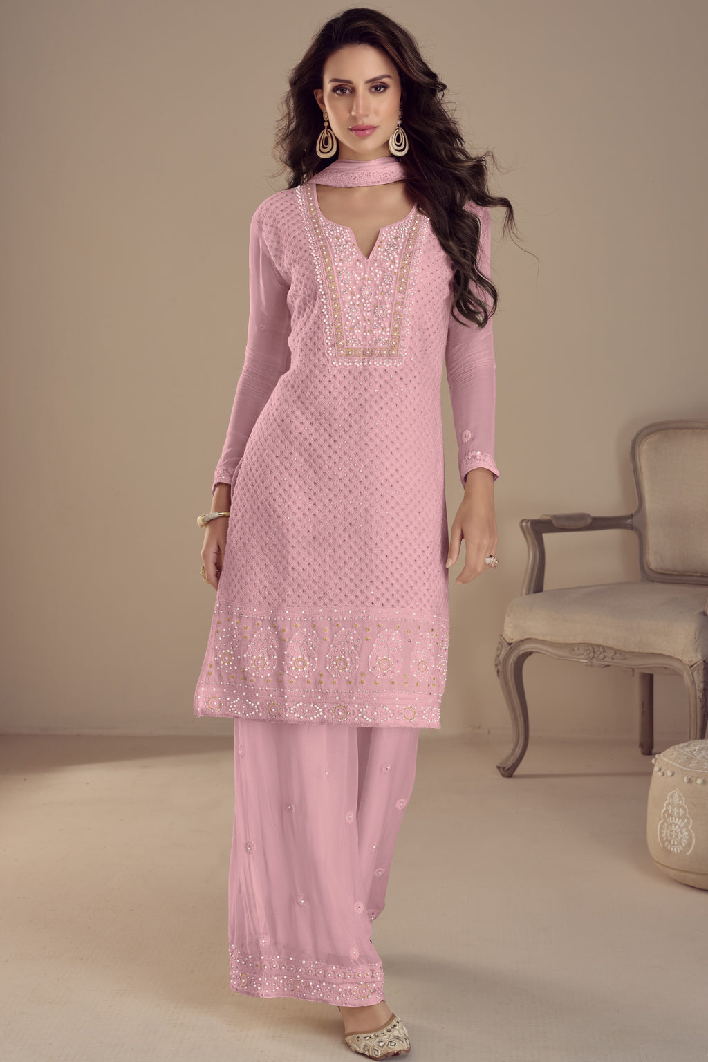 Baby Pink Georgette Kameez With Pant For Ladies Indian Festivals & Weddings -Embroidery Work