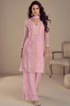 Baby Pink Georgette Kameez With Pant For Ladies Indian Festivals & Weddings -Embroidery Work