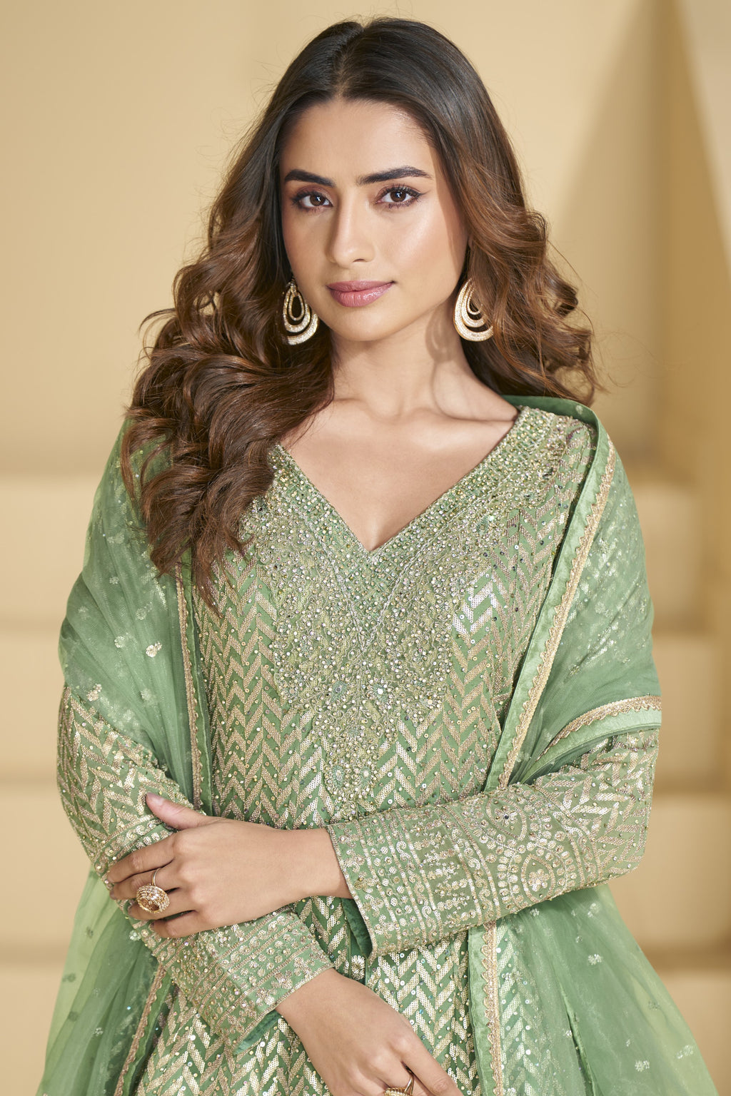 Green Georgette Palazo Suit For Indian & Pakistani Wedding Festival - Sequence & Thread Embroidery Work