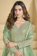 Green Georgette Palazo Suit For Indian & Pakistani Wedding Festival - Sequence & Thread Embroidery Work
