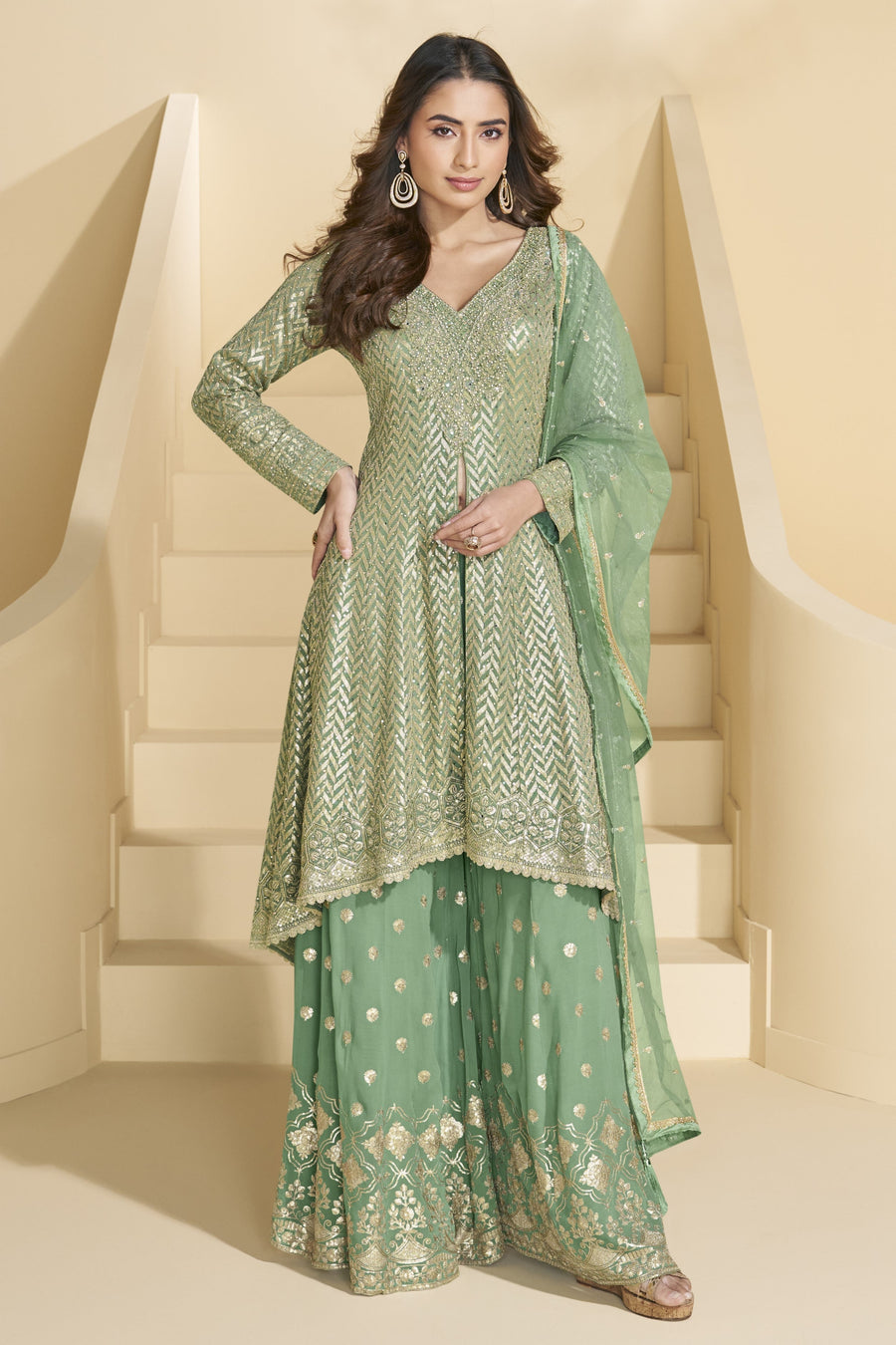 Green Georgette Palazo Suit For Indian & Pakistani Wedding Festival - Sequence & Thread Embroidery Work
