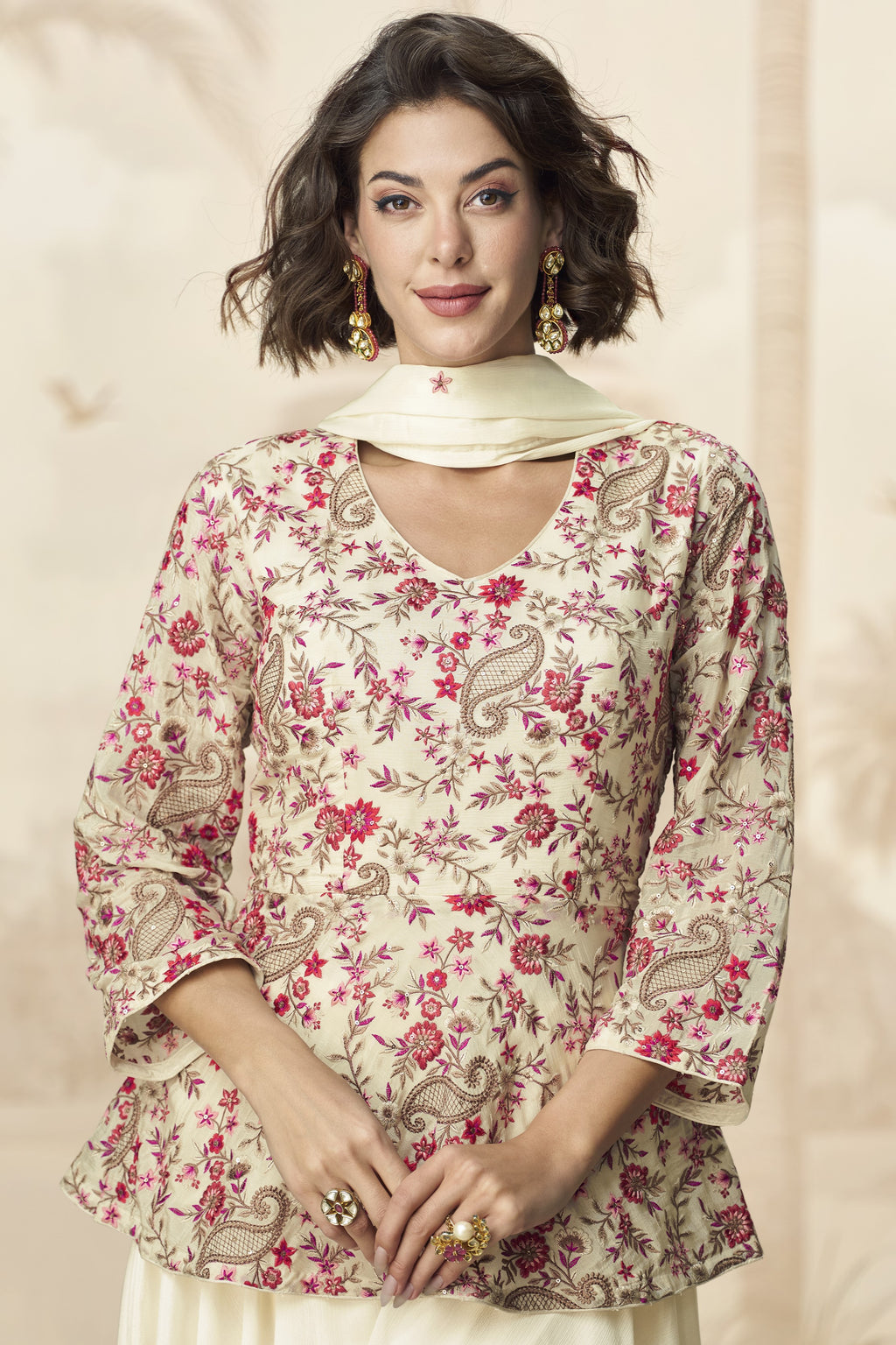 Cream Chinon Silk Palazzo Suit For Indian Wedding & Pakistani Festival - Embroidery Work