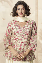 Cream Chinon Silk Palazzo Suit For Indian Wedding & Pakistani Festival - Embroidery Work