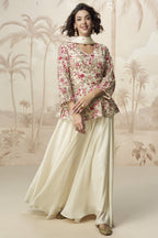 Cream Chinon Silk Palazzo Suit For Indian Wedding & Pakistani Festival - Embroidery Work