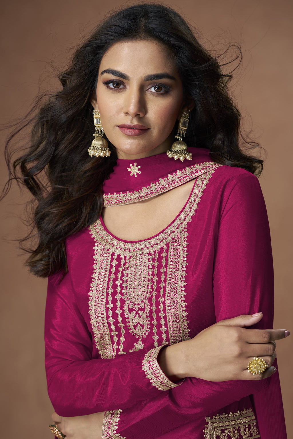 Magenta Chinon Silk Plazo Suit For Indian & Pakistani Wedding Festival - Embroidery Work