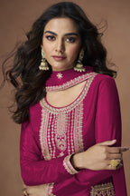 Magenta Chinon Silk Plazo Suit For Indian & Pakistani Wedding Festival - Embroidery Work