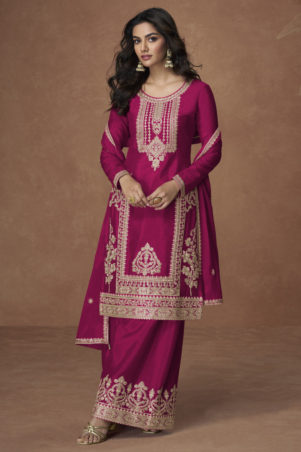 Magenta Chinon Silk Plazo Suit For Indian & Pakistani Wedding Festival - Embroidery Work