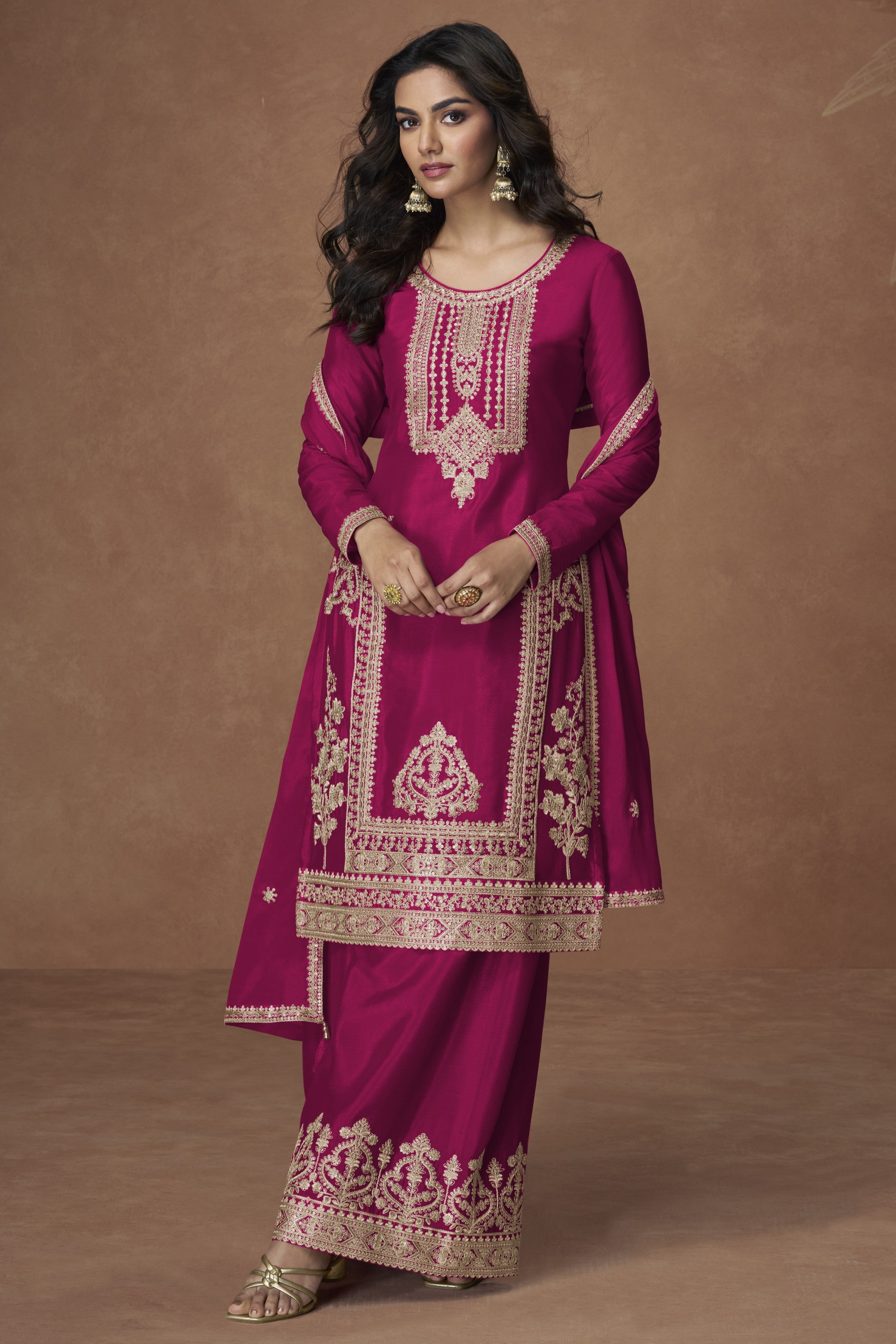 Magenta Chinon Silk Plazo Suit For Indian & Pakistani Wedding Festival - Embroidery Work