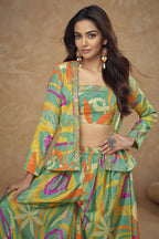 Green Chinon Silk Plazo Choli With Jacket For Indian & Pakistani Wedding Festival - Embroidery Work, Print Work