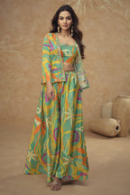 Green Chinon Silk Plazo Choli With Jacket For Indian & Pakistani Wedding Festival - Embroidery Work, Print Work