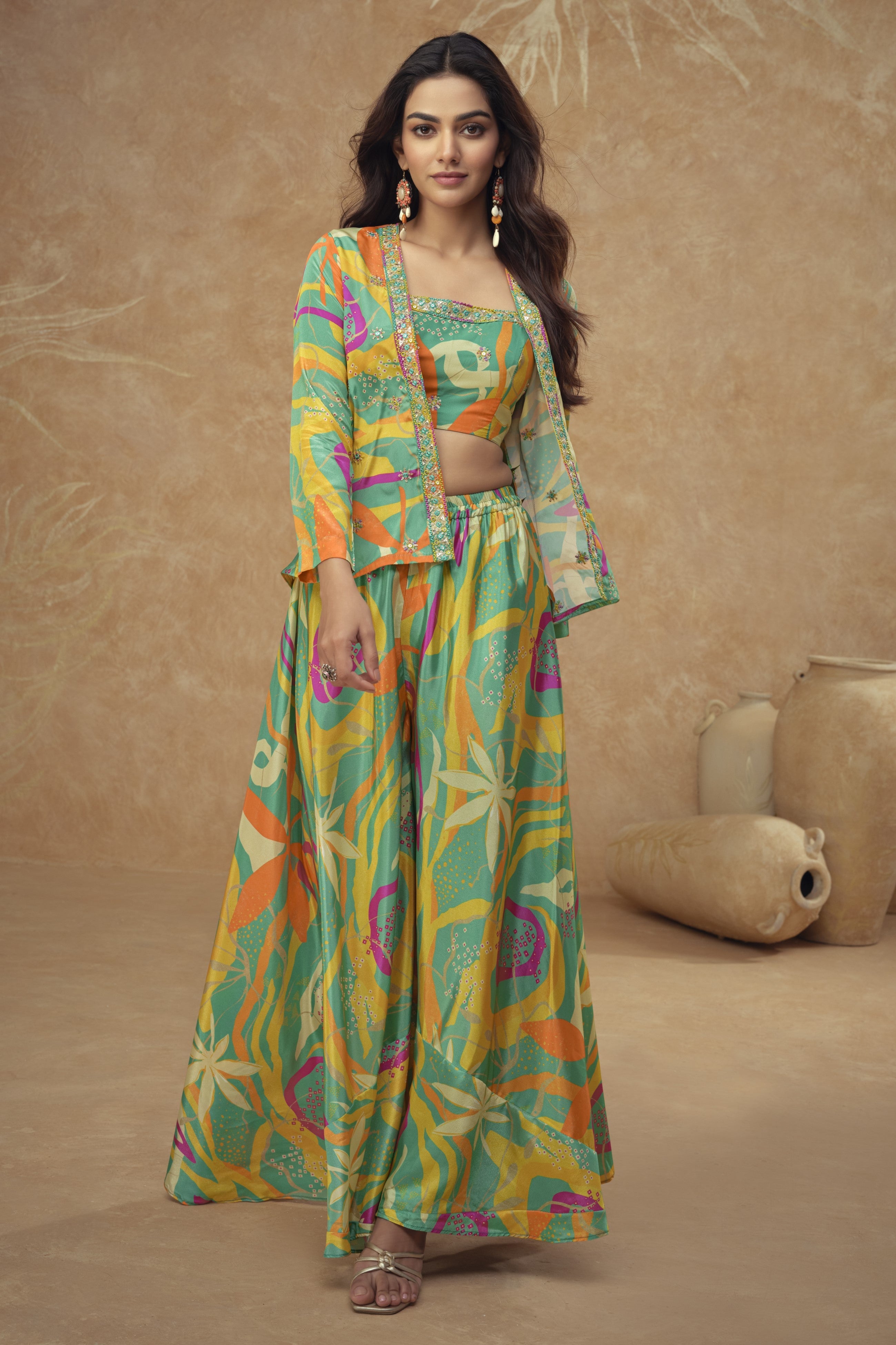 Green Chinon Silk Plazo Choli With Jacket For Indian & Pakistani Wedding Festival - Embroidery Work, Print Work