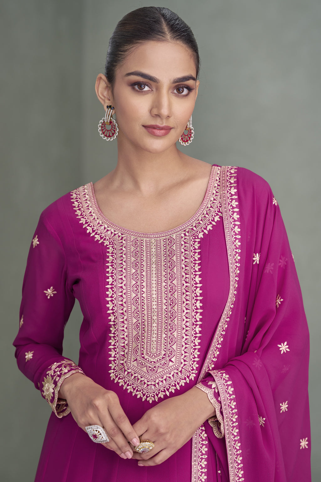 Magenta Georgette Anarkali Suit For Indian & Pakistani Wedding Festival - Embroidery Work