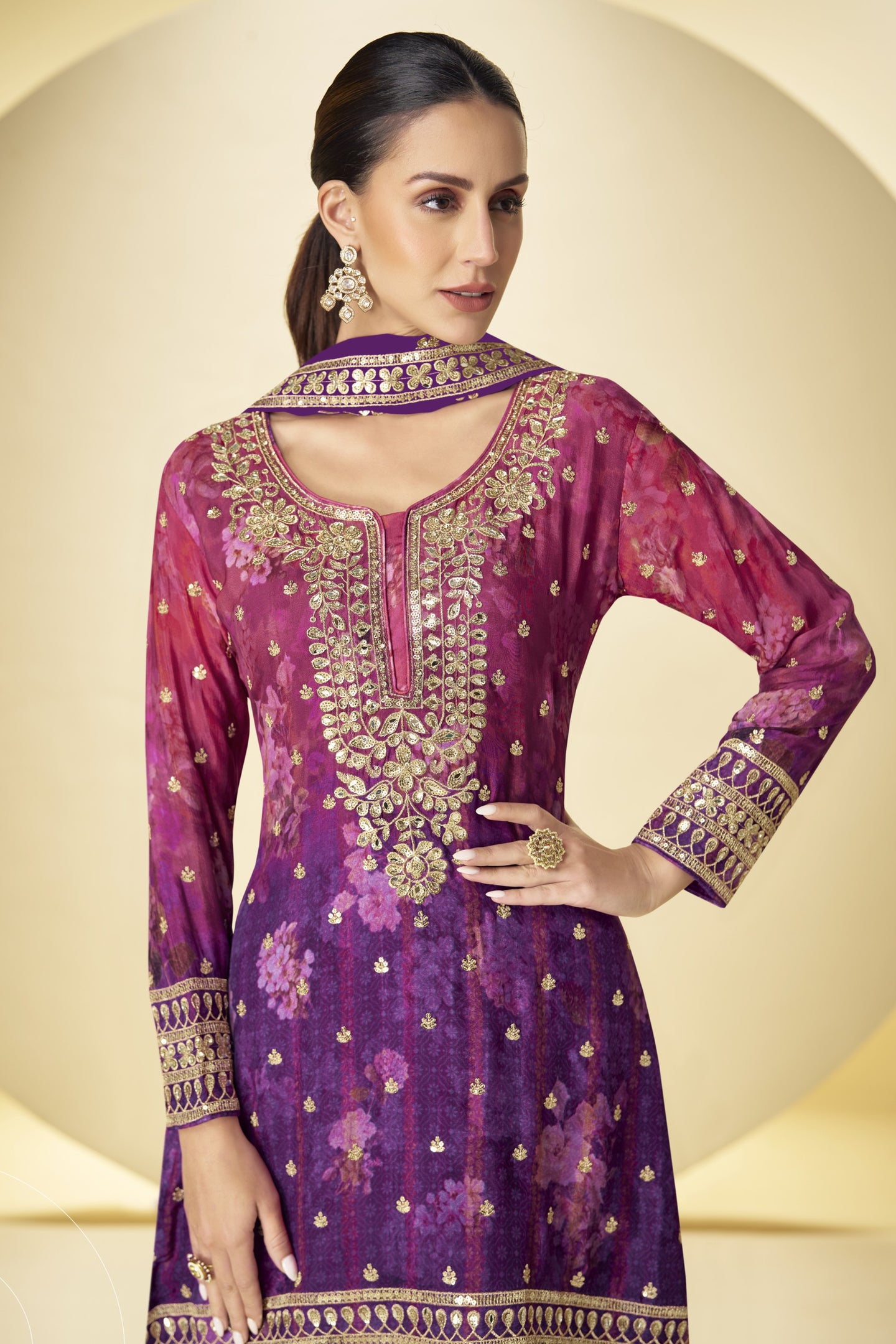 Purple Chinon Silk Dual Color Plazo Suit For Indian & Pakistani Wedding - Thread & Sequence Embroidery Work, Print Work
