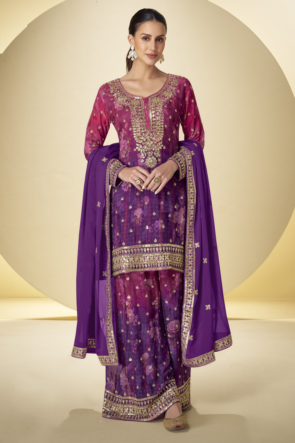 Purple Chinon Silk Plazo Suit For Indian & Pakistani Wedding Festival - Thread Embroidery Work, Sequence Embroidery Work, Print Work