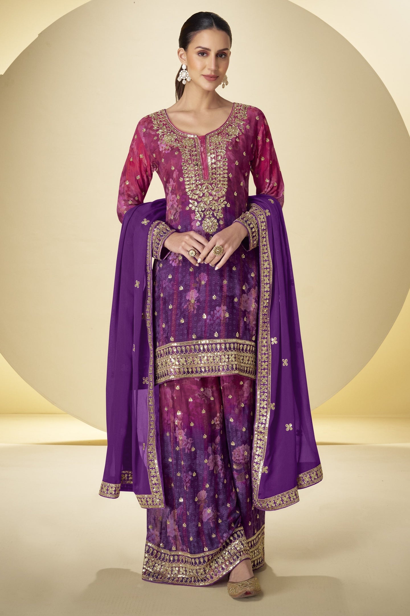 Purple Chinon Silk Plazo Suit For Indian & Pakistani Wedding Festival - Thread Embroidery Work, Sequence Embroidery Work, Print Work