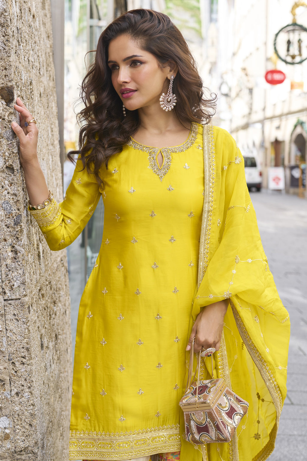 Yellow Chinon Silk Kameez With Sharara Suit For Indian & Pakistani Wedding Festival - Print Work, Thread & Sequence Embroidery