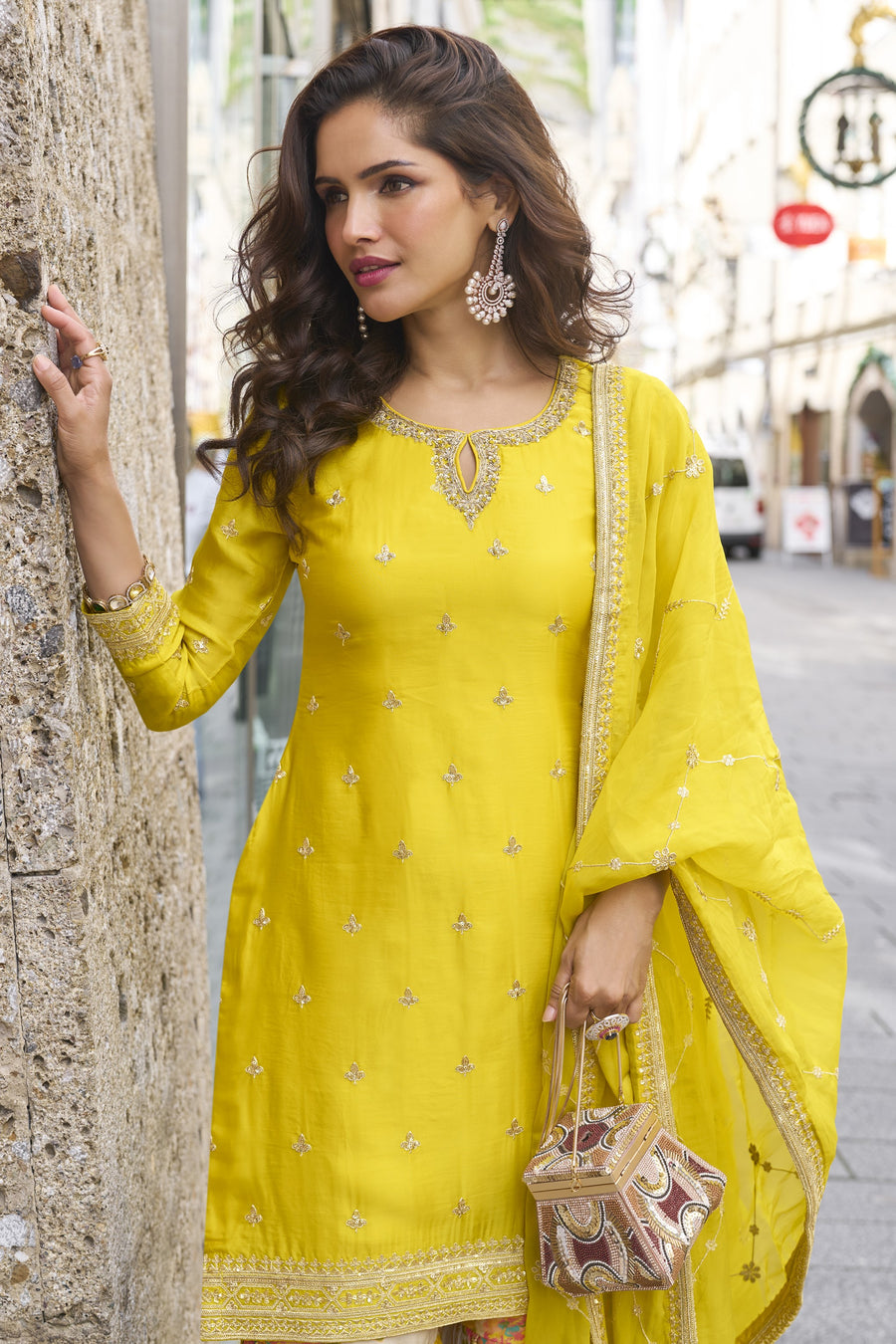 Yellow Chinon Silk Kameez With Sharara Suit For Indian & Pakistani Wedding Festival - Print Work, Thread & Sequence Embroidery