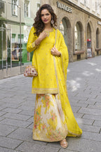 Yellow Chinon Silk Kameez With Sharara Suit For Indian & Pakistani Wedding Festival - Print Work, Thread & Sequence Embroidery