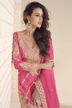 Pink Chinon Silk Kameez With Palazzo Suit For Indian & Pakistani Wedding Festival - Print Work, Thread & Sequence Embroidery