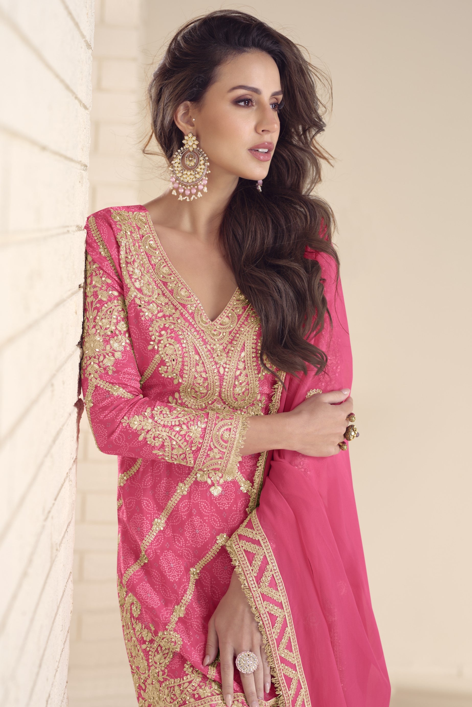 Pink Chinon Silk Kameez With Palazzo Suit For Indian & Pakistani Wedding Festival - Print Work, Thread & Sequence Embroidery